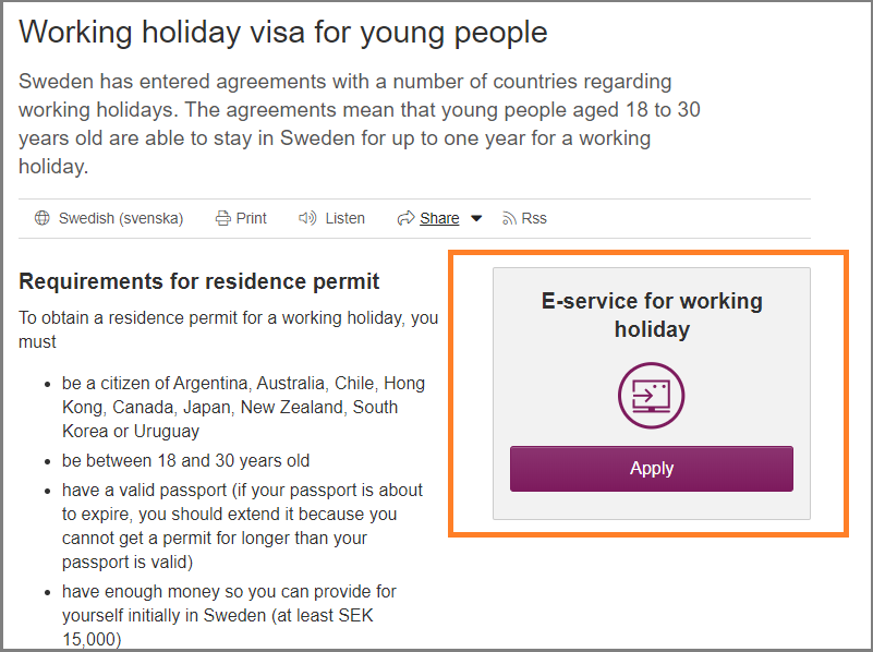 スウェーデンのワーキングホリデービザ申請方法